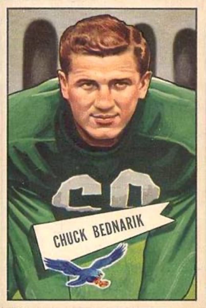Chuck Bednarik on his 1952 Bowman football card.
