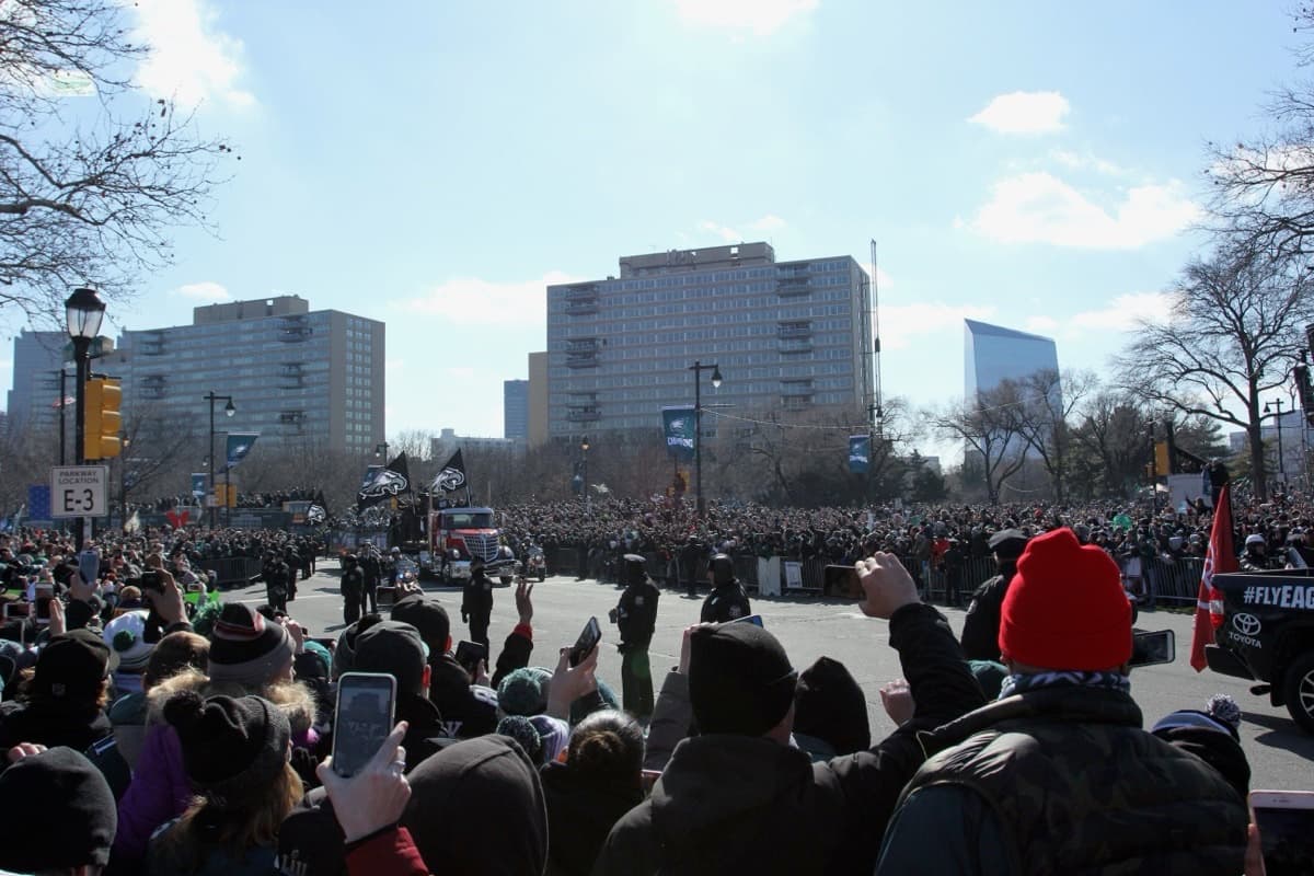 Crowds on Broad Street at the Eagles Super Bowl LII victory parade.